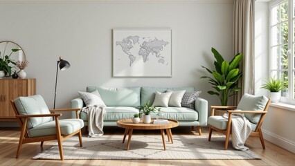 Modern Living Room with Light Green Couch and Natural Decor in Bright Space