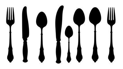set of Cutlery silhouette vector on white background