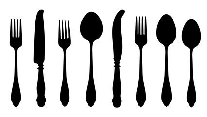 set of Cutlery silhouette vector on white background