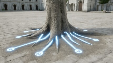 texture with glowing tree roots and mystical symbols