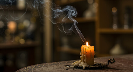 Burning Candle Flickering In The Dark With Smoke In Vintage Background
