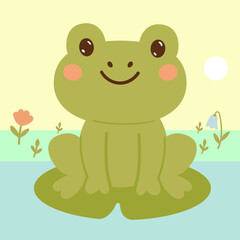 Cartoon Frog sitting in pond, cute amphibia. Green toad in natural habitat, froggy water animal in pond with water lilies and reeds flat vector illustrations. Green smiling frog character.