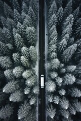 Snowy night forest road trip