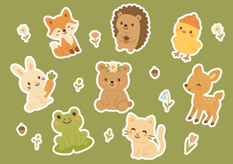 Cute animals set stickers. Hand drawn baby characters and flowers. Vector illustration on green background. Design for print and decoration child clothe or books. Hight quality baby animals