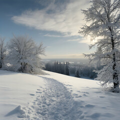 Scenic Snowy Road through Winter Forest, Curved Road in Peaceful Winter Landscape, Frost Covered Trees with Mountain Road, Tranquil Snow Road in Pine Forest, Serene Drive in Snow Covered Nature.