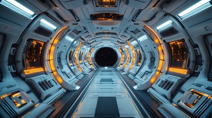 Futuristic Spaceship Corridor with Orange Accents and Starry Vie