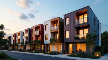 Modern Townhouse Development at Dusk A Row of Stylish Residences with Private Balconies and Well-Landscaped Yards Showcasing Contemporary Architecture
