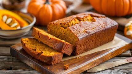 Delicious sliced loaf of pumpkin bread with warm spices presented beautifully on a rustic wooden surface for autumn