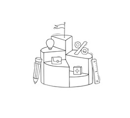 Diagram symbol - chart with flag on top. Concept of business growth, progress, statistics, challenge for target achievement. Vector hand drawn illustration with diagram, pencil and ruler