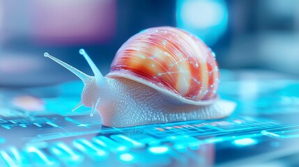 Giant snail in a modern tech startup office, immersed in holographic charts and slowly loading productivity graphs, blending nature with futuristic innovation.