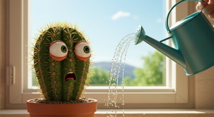 Cartoon cactus startled by watering can near a window on a sunny day