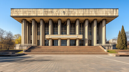 Fototapeta premium Massive concrete building with tall columns and stairs, captured on a clear day with blue sky and bare trees.
