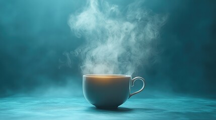 Creating a surreal and captivating scene with potential for conceptual interpretations, a white mug is levitating and steaming against a minimal background.