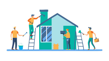 workers at a construction site painting a house, icon