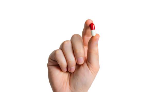 woman hand with pill on transparent background