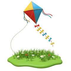 3d Illustration Colorful Kite Flying Above Grass and Flowers