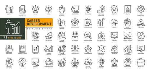 Minimalist Career Development line icons set with editable stroke. Featuring growth, project management, skills, vision, net working, motivation, strategy, career growth. thin linear illustration.