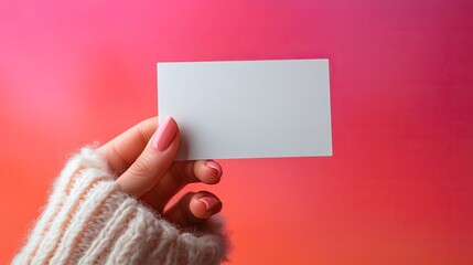 Obraz premium Creating ample copy space for text or design elements, a woman's hand elegantly holding a levitating blank business card against a vibrant gradient background of pink and orange.