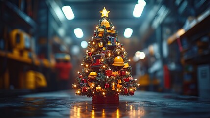 creative christmas tree designed for builders featuring safety gear and tools