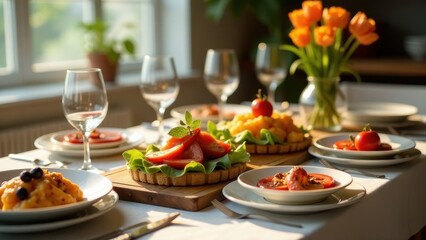 Sunlit Table Setting with Vibrant Tomato and Fruit Tarts, Elegant Glassware, and Fresh Flowers