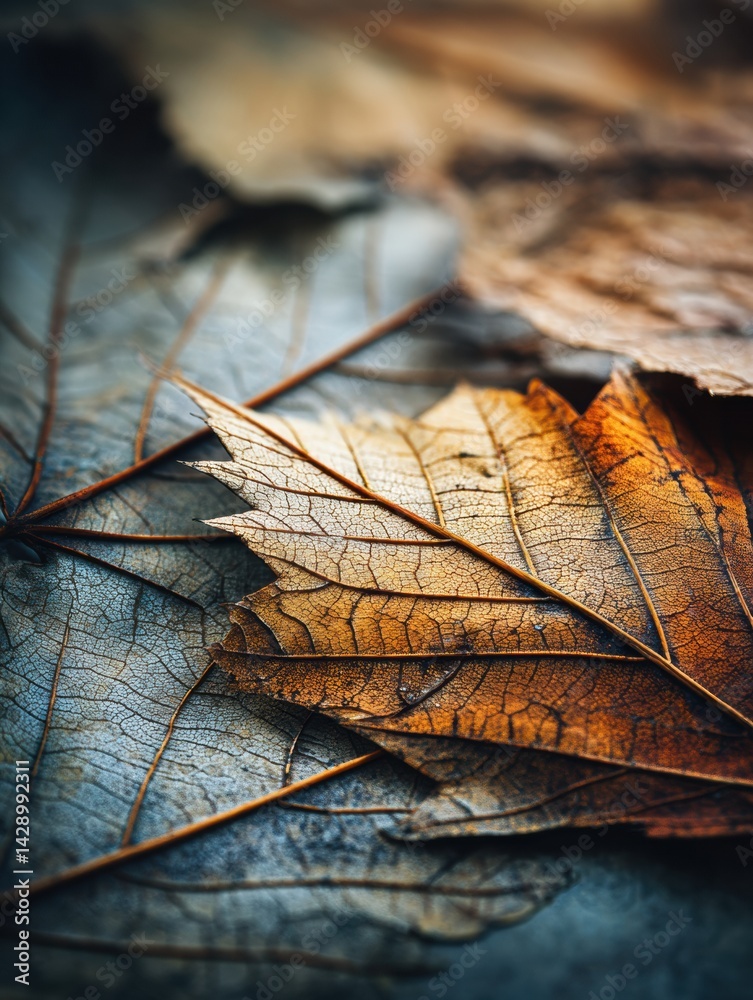 Poster detailed close-up of a dry autumn leaf showcasing intricate edges and cracks against a textured back
