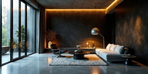 Modern Dark Living Room Interior Design with Warm Lighting and Cozy Atmosphere