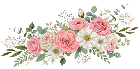 Elegant Spring Flower Border with Pink Roses and White Daisies  Transparent Floral PNG