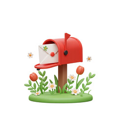 3d Illustration Red Mailbox with Letter and Flowers