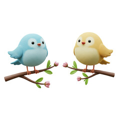 3d Illustration Two cute birds sitting on flowering branches