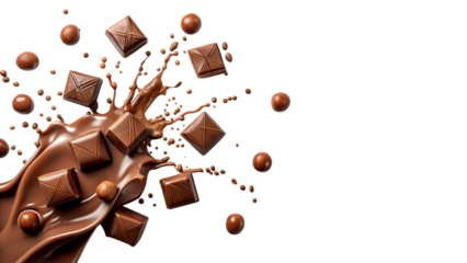 A delicious brown chocolate splash, a sweet cocoa liquid drop melting on transparent background