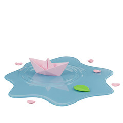 3d Illustration Pink Paper Boat Floating on Water with Petals and Green Leaf