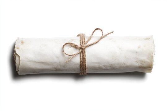 Ancient scroll tied with twine.  A rolled-up, aged parchment document secured with a simple knot of light brown string