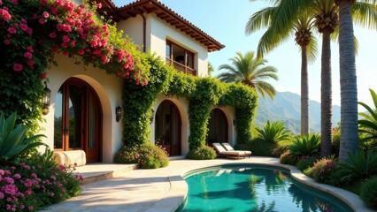 Fototapeta premium Luxurious Mediterranean-style villa with vibrant blooming vines, inviting pool, and tranquil mountain views.