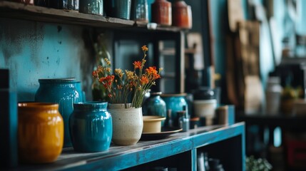 Fototapeta premium Colorful kitchen with ceramic containers on shelf
