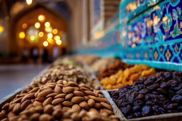 Close-up of an array of Iranian dried fruits and nuts displayed in a vibrant market setting, showcasing rich colors and textures against an ornate backdrop