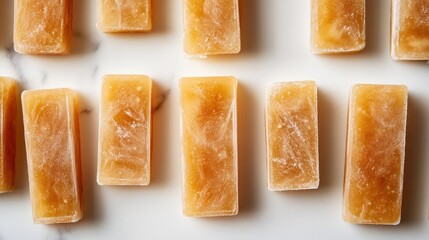 Frozen, light orange, rectangular treats on a marble surface