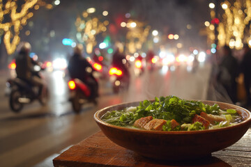 A steaming bowl of pho topped with fresh herbs is showcased against a backdrop of a busy city street illuminated by festive lights and blur of moving motorcycles