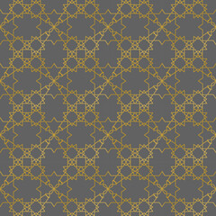 Seamless Islamic geometric pattern vector with traditional Arabic design. Featuring interlocking yellow lines and symmetrical structure. Ideal for backgrounds, wallpapers, textile prints, tiles,