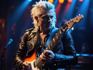 Obraz premium Guitar-Wielding Rock Star Performing with Passion at a Music Festival