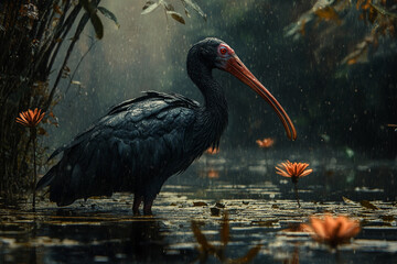 Fototapeta premium Regal Painted Stork wading among water lilies at sunset in a tranquil wetland featuring radiant plumage generative AI