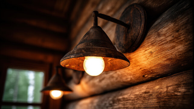 A warm, rustic light fixture hangs against a wooden wall, casting a cozy glow in a cabin setting, enhancing the inviting atmosphere of the natural surroundings