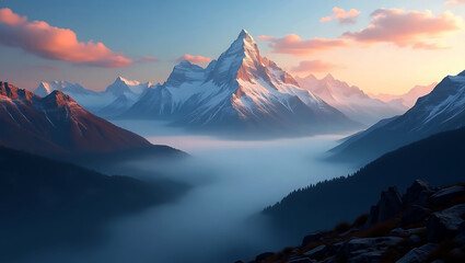 Stunning Mountain Landscape at Sunset with Misty Valleys