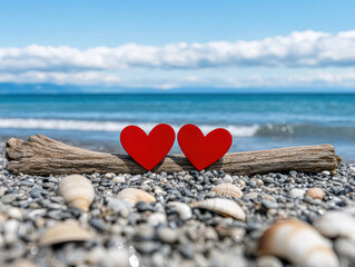 Fototapeta premium Two red hearts on a driftwood log by the beach, surrounded by seashells and ocean waves.