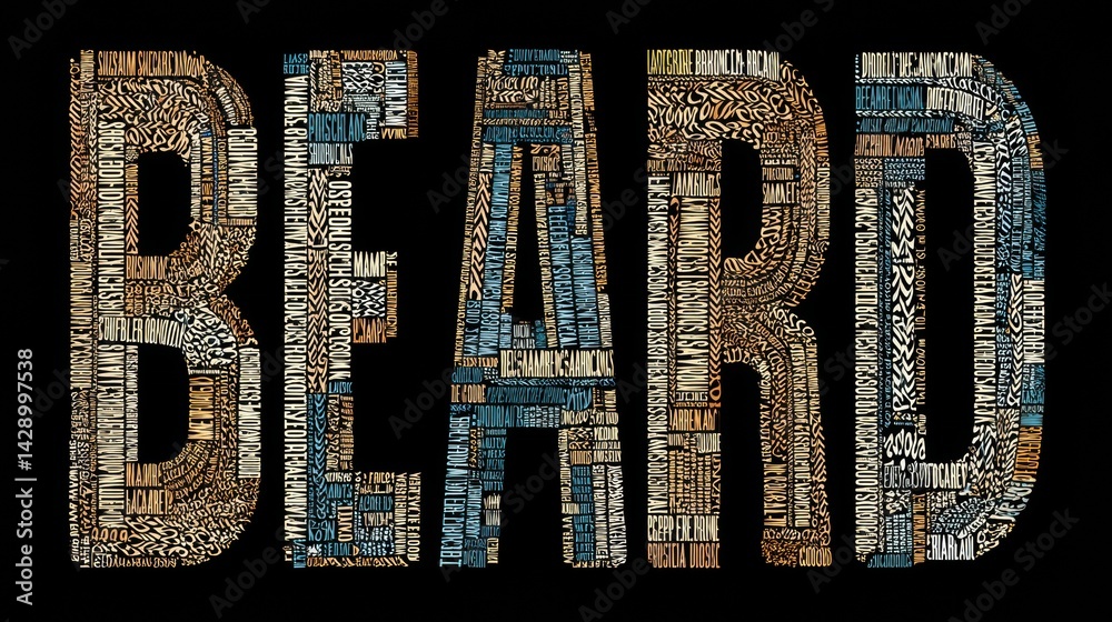Poster Stylized Typography Design of the Word Beard Shaped Like a Beard, Showcasing a Variety of Textures and Patterns on a Dark Background