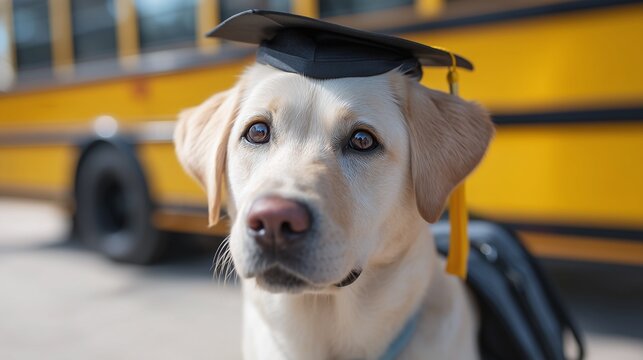Labrador retriever wearing graduation cap, posing beside yellow school bus