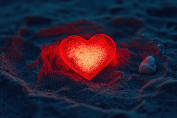 Fototapeta premium A glowing heart on the sand, surrounded by a shell, evokes feelings of love and tranquility.