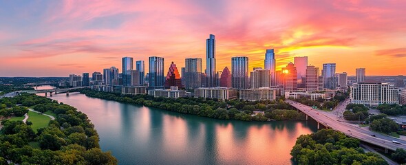 Panoramic view of the skyline in Daft with a pink and orange sunset sky, with buildings dotting the landscape, historic architecture like iconic skyscrapers of luminescent glass, and green space along