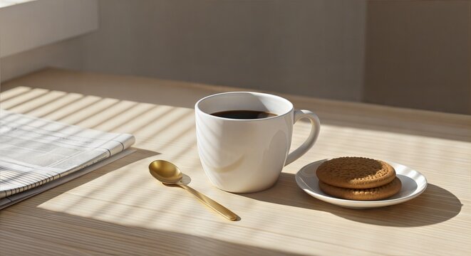 Coffee cup with cookies on a wooden table in natural light   - Powered by Adobe