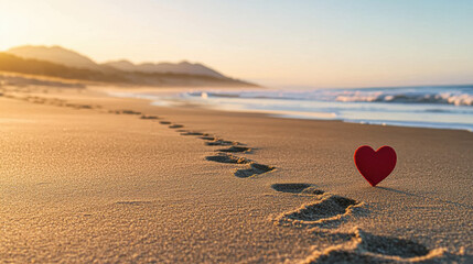 Fototapeta premium Footprints on a beach with a heart symbolizing love and connection at sunset.