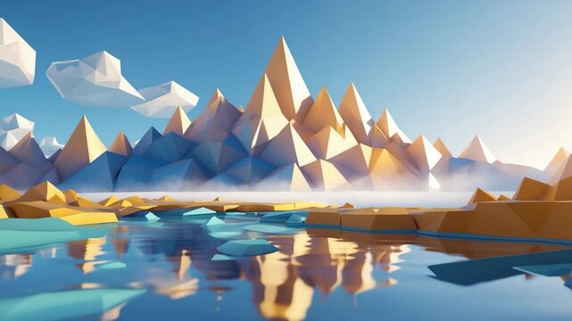 Low polygon landscape illustration featuring water and mountains